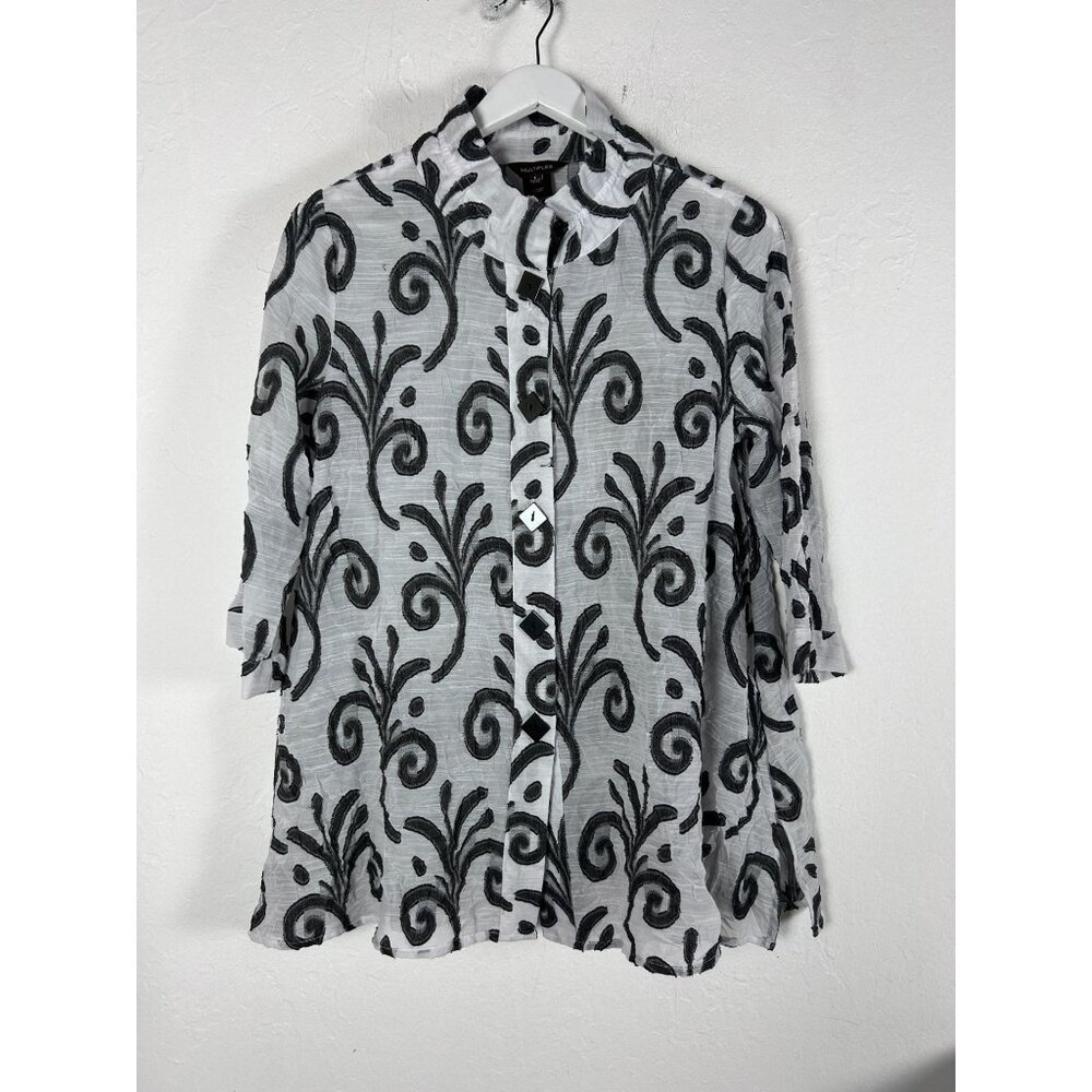 Multiples Womens White Black Floral Button Down Blouse Tunic Small 3/4 Sleeve